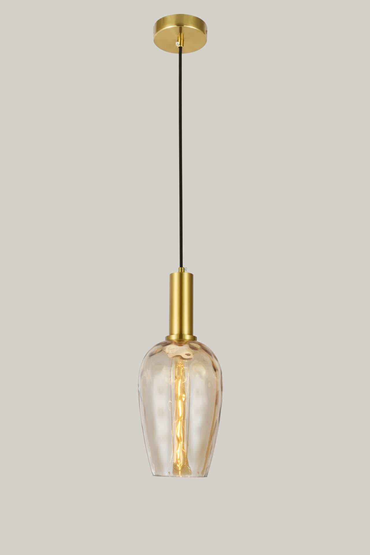 Pear Textured Amber Glass Shade Brass Gold Pendant Light CP204