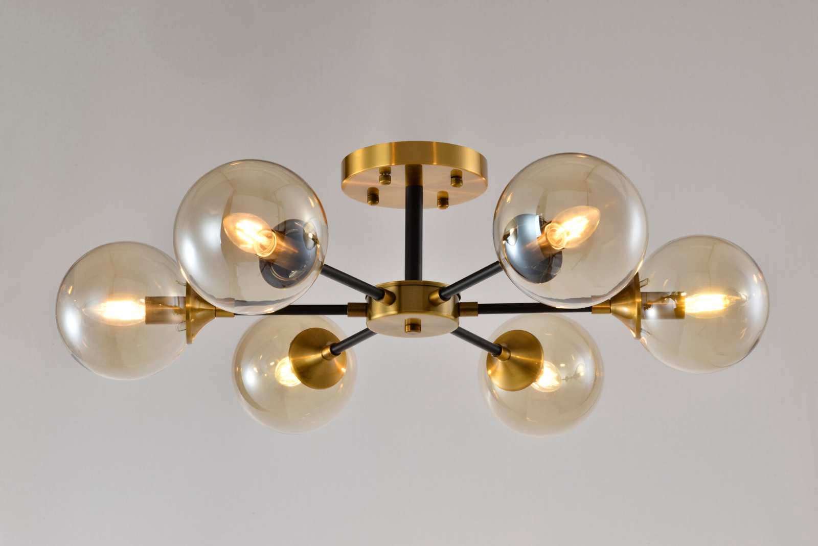 6 Arm Gold Bronze Semi Flush Amber Glass Chandelier CP213